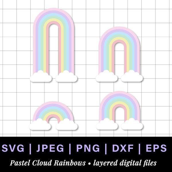 Pastel rainbow png, pastel rainbow svg for retro rainbow cake topper, long tall rainbow with clouds, retro rainbow cloud svg, rainbow dxf