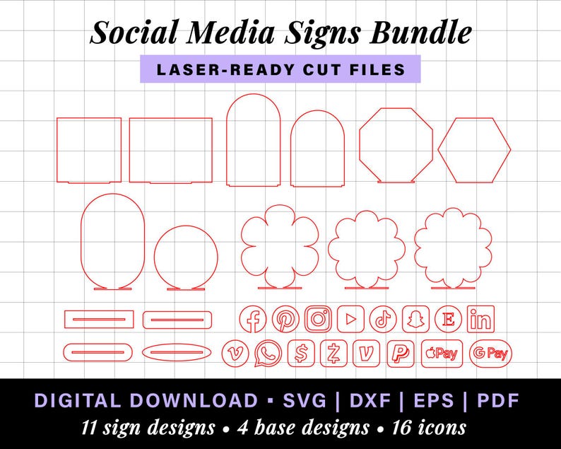 May include: A digital download bundle of 11 social media sign designs, 4 base designs, and 16 icons. The signs are laser-ready cut files and include various shapes, including circles, squares, rectangles, and hexagons. The icons include popular social media platforms like Facebook, Instagram, Pinterest, TikTok, Twitter, YouTube, Snapchat, and more.