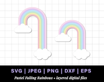 Falling pastel rainbow png, pastel rainbow svg retro rainbow cake topper, long tall rainbow falling clipart with clouds, cloud rainbow dxf