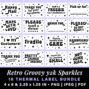 Retro y2k sparkle thermal labels bundle, munbyn rollo printer thank you stickers, cute thermal label stickers box label template bubble font