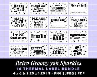 Retro y2k sparkle thermal labels bundle, munbyn rollo printer thank you stickers, cute thermal label stickers box label template bubble font