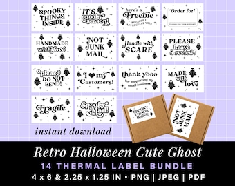 Cute ghost retro halloween thermal label design, rollo munbyn printer thank you sticker, spooky mail thermal stickers 4x6 box label template
