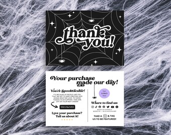 Halloween small business leave a review card template, spider web groovy thank you card canva, diy order thank you card packaging insert