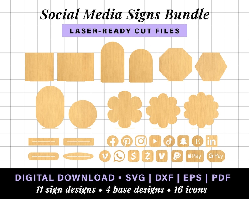 May include: A set of 11 laser-cut social media sign designs, including various shapes like circles, squares, and hexagons. The signs are made of wood and have a natural wood grain finish. The set also includes 16 icons for popular social media platforms, such as Facebook, Instagram, Twitter, and TikTok. The icons are laser-cut from wood and are ready to be used for crafting projects.