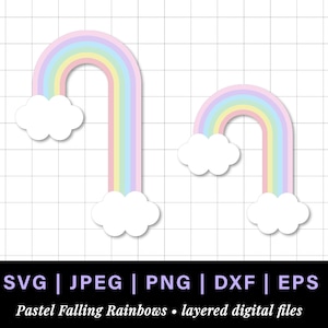 Falling pastel rainbow png, pastel rainbow svg retro rainbow cake topper, long tall rainbow falling clipart with clouds, rainbow cloud svg