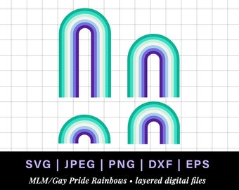 May include: Four digital rainbow designs in shades of teal, purple, and white. The designs include two large arched rainbows and two smaller arched rainbows. The image also includes the text: SVG | JPEG | PNG | DXF | EPS MLM/Gay Pride Rainbows • layered digital files.