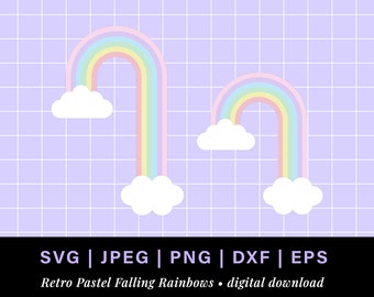 Falling pastel rainbow png, pastel rainbow svg retro rainbow cake topper, long tall rainbow falling clipart with clouds, cloud rainbow dxf