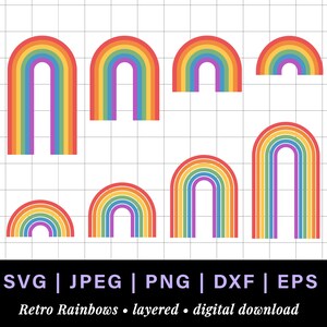 Puede incluir: Conjunto de siete arcos iris retro de diferentes tamaños. Los arcoíris están superpuestos con colores rojo, naranja, amarillo, verde, azul, añil y violeta. Los arcos son perfectos para proyectos de manualidades, scrapbooking y diseño digital.
