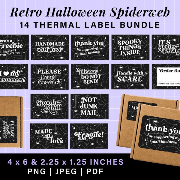 Spider web retro halloween thermal label stickers, rollo munbyn printer thank you stickers, spooky mail thermal labels box label template