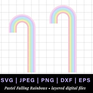 Puede incluir: Dos diseños de arcoíris pastel en forma de bastón de caramelo. Los arcoíris son en tonos rosa, amarillo y azul. La imagen incluye el texto "SVG | JPEG | PNG | DXF | EPS" y "Pastel Falling Rainbows • layered digital files."