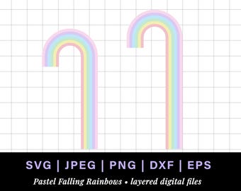 Falling pastel rainbow png, pastel rainbow svg dxf for rainbow cake topper, high long tall rainbow falling clipart for retro cake topper