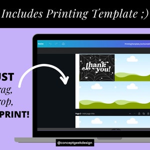 May include: A laptop screen displaying a printable thank you card template with a black spiderweb and the text "thank you!" in white. The text "JUST Drag, Drop, & PRINT!" is written on the left side of the image.