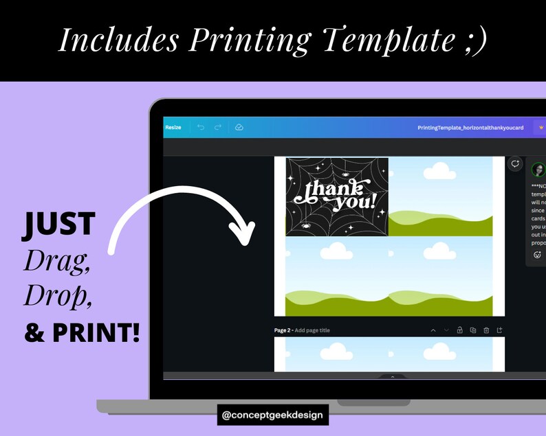 May include: A laptop screen displaying a printable thank you card template with a black spiderweb and the text "thank you!" in white. The text "JUST Drag, Drop, & PRINT!" is written on the left side of the image.