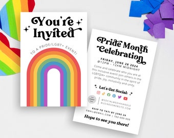 retro pride invitation, rainbow pride month party invitation template, lgbt parade pride festival event flyer canva template, lgbtq flyer