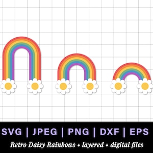 Daisy rainbow svg, hippie rainbow with daisy svg, rainbow laser file, layered rainbow svg, groovy rainbow svg bundle, daisies rainbow dxf