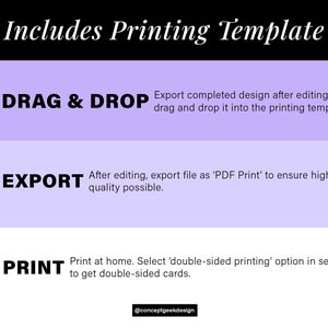May include: A purple and white graphic with instructions on how to use a printing template. The text reads "Includes Printing Template" and includes three steps: 1. Drag & Drop, 2. Export, and 3. Print.