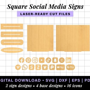 May include: Square social media signs with 16 icons, including Facebook, Instagram, TikTok, and more. The signs are laser-ready cut files, perfect for crafting and DIY projects.