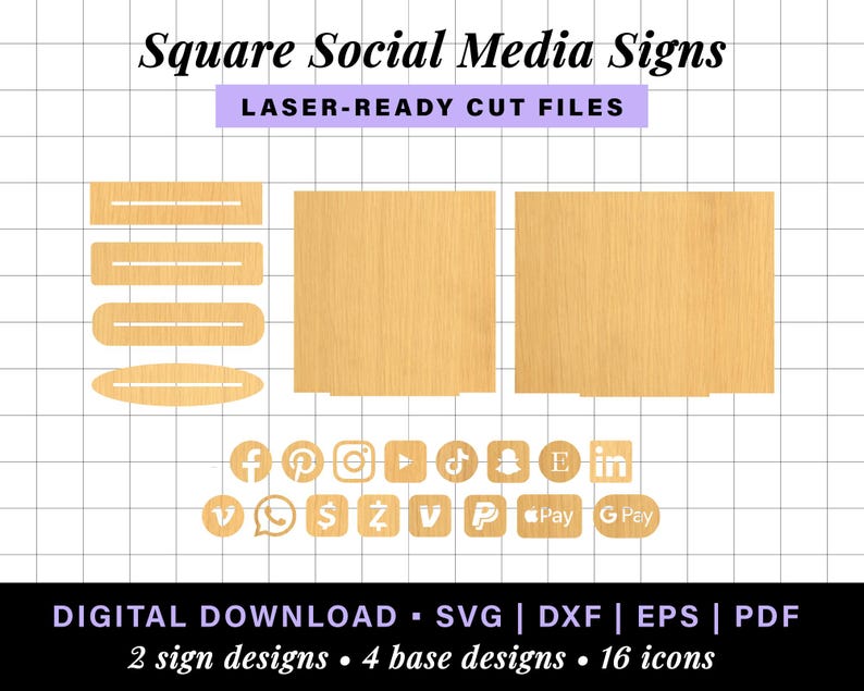 May include: Square social media signs with 16 icons, including Facebook, Instagram, TikTok, and more. The signs are laser-ready cut files, perfect for crafting and DIY projects.