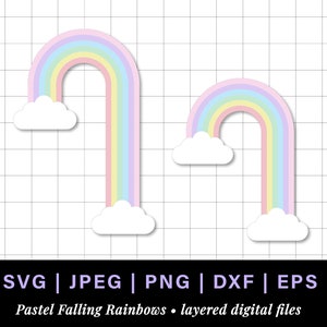 Falling pastel rainbow png, pastel rainbow svg retro rainbow cake topper, long tall rainbow falling clipart with clouds, rainbow cloud dxf