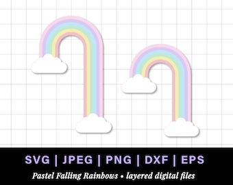 Falling pastel rainbow png, pastel rainbow svg retro rainbow cake topper, long tall rainbow falling clipart with clouds, rainbow cloud dxf
