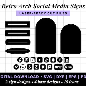 May include: A digital download of laser-cut files for retro arch social media signs. The design includes two signs with four base designs and sixteen icons, including Facebook, Pinterest, Instagram, YouTube, TikTok, Snapchat, Etsy, LinkedIn, Venmo, WhatsApp, Dollar Sign,  Z, V, PayPal, Apple Pay, and Google Pay.