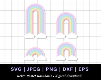 Pastel rainbow png, pastel rainbow svg for retro rainbow cake topper, long tall rainbow with clouds, retro rainbow cloud svg, rainbow dxf