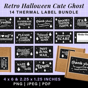 Cute ghost retro halloween thermal label stickers, rollo munbyn printer thank you stickers, spooky mail thermal labels box label template