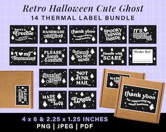 Cute ghost retro halloween thermal label stickers, rollo munbyn printer thank you stickers, spooky mail thermal labels box label template