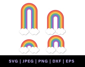 Retro rainbow svg, cloud rainbow svg for rainbow cake topper, layered rainbow svg bundle, rainbow laser file dxf, svg rainbows with clouds