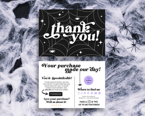 Retro Halloween thank you printable small business leave a review card, spider web etsy package insert canva, order thank you discount card