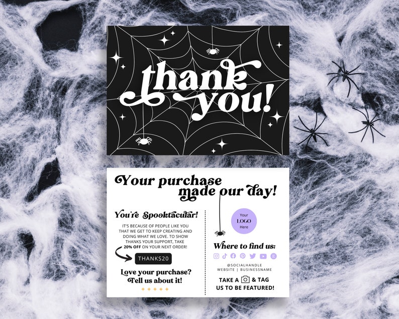 Retro Halloween thank you printable small business leave a review card, spider web etsy package insert canva, order thank you discount card image 1