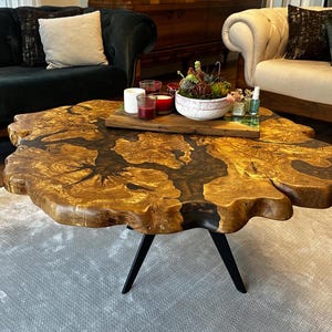 Handmade Live Edge Olive Wood Coffee Table: Colored Epoxy Resin