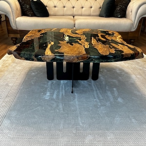 Handmade Olive Wood Coffee Table: Live Edge Burl Slab with Epoxy Resin