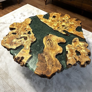 Live Edge Coffee Table with Epoxy Resin Olive Wood Burl Slab Round Custom Center and Side Table DWT35