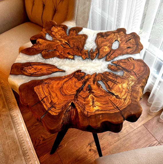 Handcrafted Olive Wood Epoxy Coffee Table – Live Edge Burl Slab