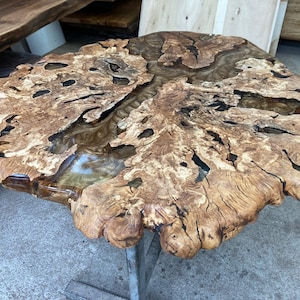 Live Edge Olive Wood Coffee Table: Burl Slab with Colored Epoxy Resin