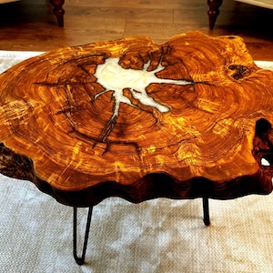 Live Edge Epoxy Olive Wood Coffee Table with Unique Resin Design, Customizable Wood Coffee Tabl, Modern Furniture DWT2