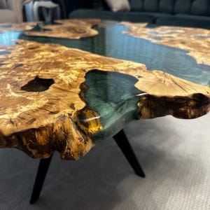 Live Edge Coffee Table with Epoxy Resin Olive Wood Burl Slab Round Custom Center and Side Table DWT25