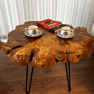 Handmade Olive Root Coffee Table: Live Edge Burl Wood with Colored Epoxy