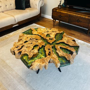 Live Edge Olive Wood Coffee Table: Custom Epoxy Resin Burl Slab