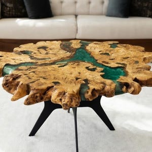 Live Edge Olive Wood Epoxy Coffee Table, Luxury Burl Slab Statement Piece