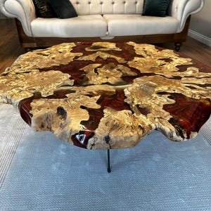 Handmade Live Edge Olive Wood Coffee Table: Colored Epoxy Resin