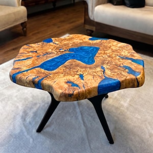 Olive Wood Epoxy Coffee Table, Live Edge Resin Table, Custom Color Metal Base