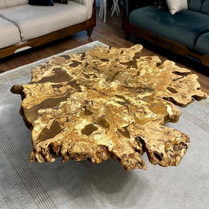 Rustic Olive Burl Coffee Table – Epoxy Resin Live Edge Wood, Custom Handmade (DWT22)