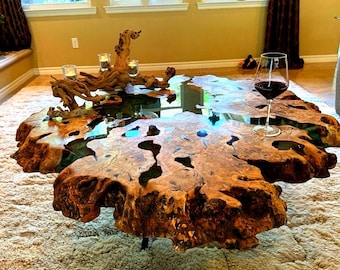 Live Edge Olive Wood Coffee Table: Handmade Epoxy Resin Burl Slab