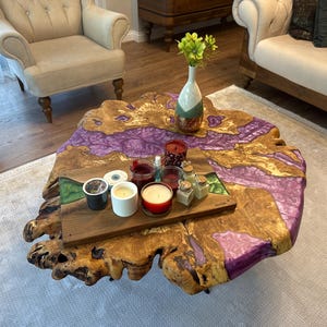 Live Edge Olive Wood Coffee Table: Epoxy Resin Burl Slab, Custom Color