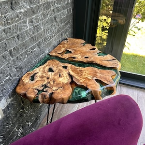 Live Edge Olive Wood Coffee Table: Burl Slab with Colored Epoxy Resin