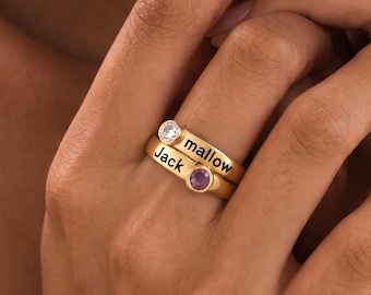 Custom Engraved Birthstone Ring • Personalized Children Names Ring • Gold Personalized Name Dainty Jewelry•Stacking Name Ring•Christmas Gift