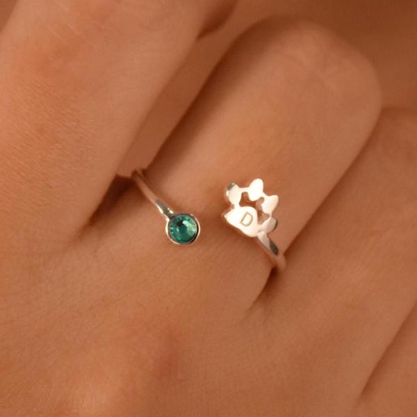 Initial Ring mit Geburtsstein • Gravur Pfoten Geburtsstein Ring • Geschenk für Tierliebhaber • Erinnerung an Haustiere • Geschenke Haustier Verlust • Hunde Mutter Ring