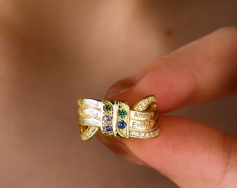 Bague noeud de ruban personnalisée avec 1-8 pierres de naissance • Bague de famille avec pierre de naissance • Bague à graver 8 noms • Fête des mères • Cadeau d'anniversaire pour maman et grand-mère